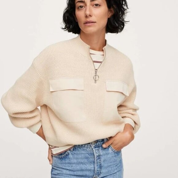 Mango Sweater Cream Cropped Chunky Knit Pullover Pocket & Zip Detail Womens Med - Picture 7 of 7